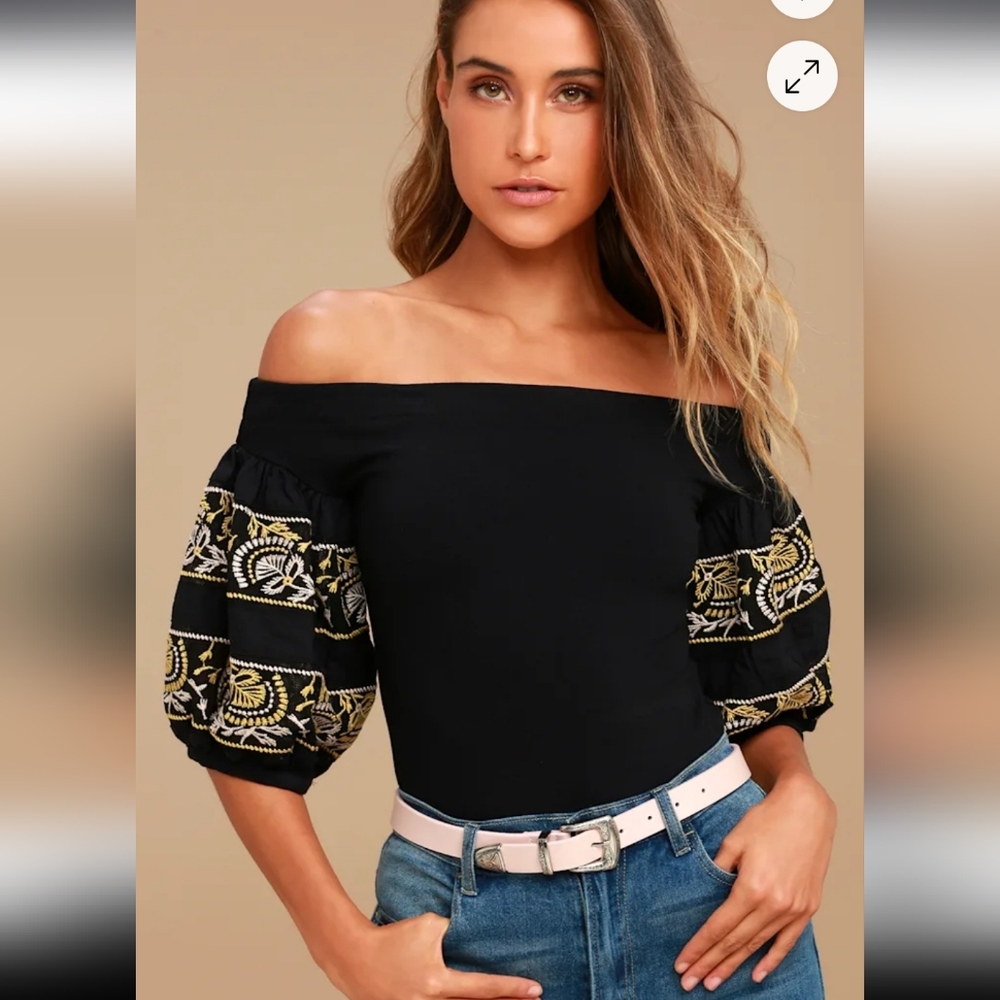 Free People Rock With It Black Embroidered Off-the-Shoulder Top Size XS
